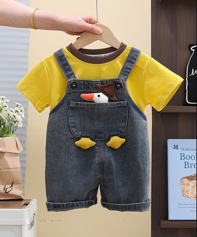Conjunto de verano para niño patito: bata vaquera y camiseta de manga corta