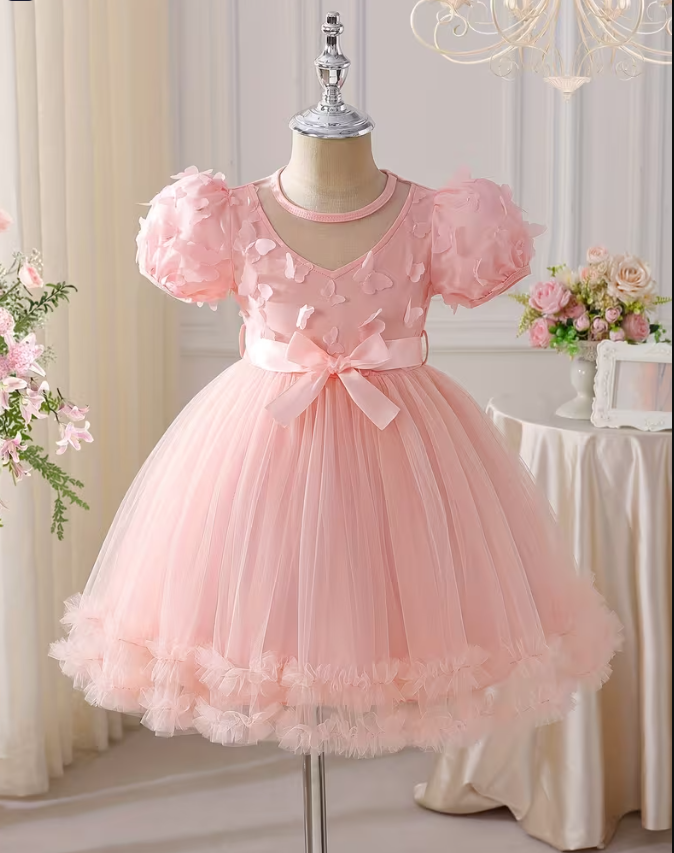 COVIVIKY Vestido de Princesa Elegante para Niñas, Aplique de Mariposa 