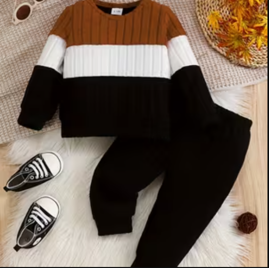 Conjunto casual para bebé de 2 piezas con contraste, top de manga larga y pantalones