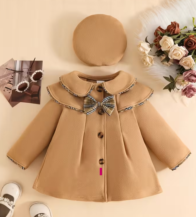 Conjunto de abrigo y gorro béret para niñas, diseäo de solapa multicapa 