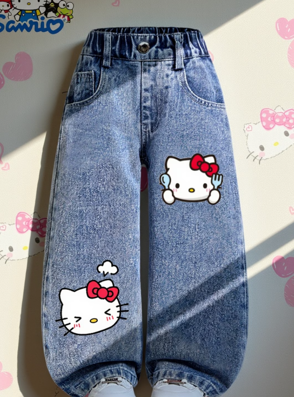 Jeans casuales de corte recto y ajuste holgado con estampado de Sanrio para niñas pequeñas