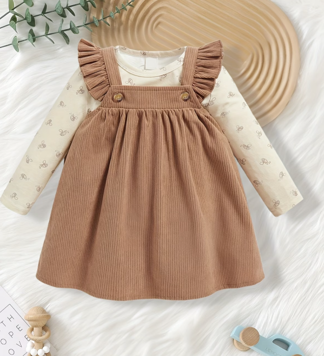 Conjunto de 2 piezas de vestido de tirantes de color liso con estampado de abeja de manga larga con cuello redondo para bebé en primavera/otoño, para exteriores