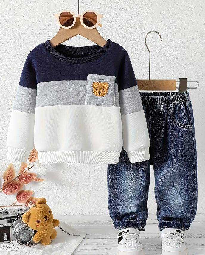 Conjunto de Invierno para Bebés Niños: Cómodo de Bloques de Color + Pantalones de Mezclilla con Cintura Elástica