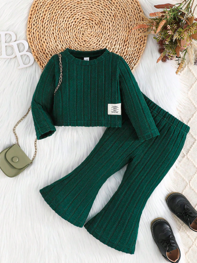 Set de 2 piezas con blusa de manga larga y pantalones acampanados para bebé niña en primavera/otoño
