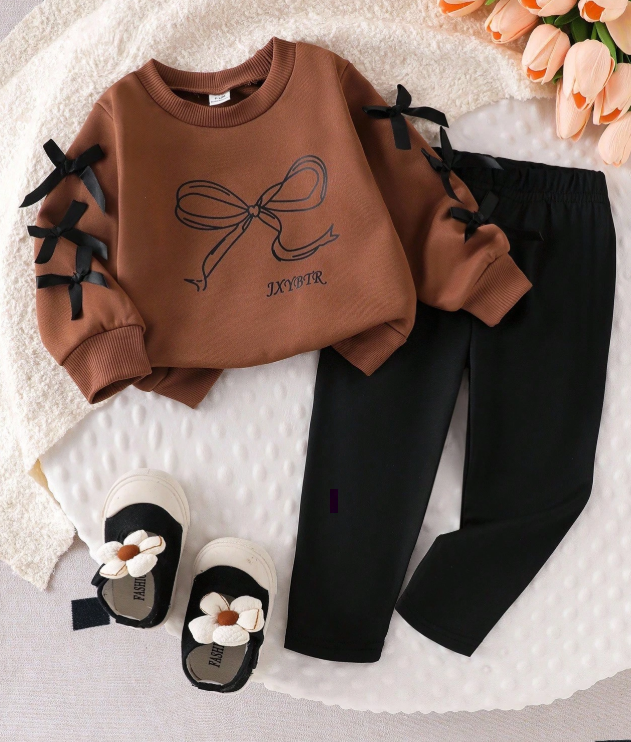 Conjunto 2 piezas de niña bebé de sudadera de manga larga con estampado de lazo y leggings de punto